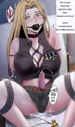 ball_gag blonde_hair gag hero_killer photoshop vibrator vibrator_under_clothes victoria_(hero_killer) webtoon webtoon_waifu yellow_eyes