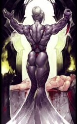 1boy 1girls alternate_muscle_size ass baldur's_gate_3 blood blood_on_weapon broad_shoulders dagger drow hair_bun human_sacrifice janrock minthara muscular_arms muscular_back muscular_female muscular_legs purple_skin standing thick_thighs weapon white_hair