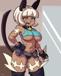 1girls aged_up belt big_breasts catgirl chubby_female collar cougar gloves green_eyes mature_female mirror nadia_fortune oakblu skullgirls tail thick_thighs tight_clothing underboob weight_conscious weight_gain white_hair