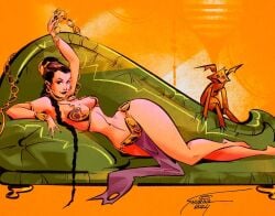 bangle brown_eyes brunette gold_bikini harem_outfit jewelry long_hair pinup plait princess_leia_organa slave_leia star_wars sveta_shubina wide_hips