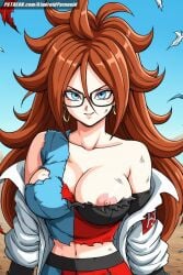 after_fight ai_generated aindroidparanoid android_21 big_breasts big_butt blue_eyes brown_hair busty cleavage covered_nipples dragon_ball dragon_ball_super dragon_ball_z female female_only glasses huge_breasts labcoat large_breasts nipples ripped_clothing smile stable_diffusion torn_clothes