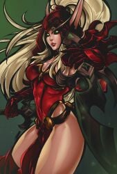 1girls 7zaki blonde_hair blood_elf cleavage elf elf_ears female green_eyes hips light-skinned_female red_clothing solo thick thick_thighs thighs valeera_sanguinar warcraft world_of_warcraft