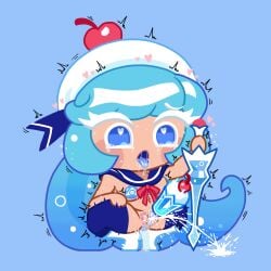 1female ahegao blue_eyes blue_hair blue_thighhighs clitoral_masturbation clitoral_penetration clitoral_stimulation cookie_run cookie_run_tower_of_adventure cream_soda_cookie cum cumming female_masturbation fleshlight heart heart-shaped_pupils huge_clitoris large_clitoris lorennsfw squirting sword thighhighs tongue_out