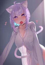 1girls animal_ears aurahman blush breasts cat_ears cat_tail catgirl condom condom_in_mouth condom_wrapper eyebrows_visible_through_hair female female_only heart hololive hololive_gamers hololive_japan huge_breasts indoors inviting light-skinned_female light_skin nekomata_okayu purple_eyes purple_hair seductive solo tail unopened_condom_wrapper virtual_youtuber