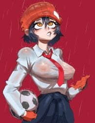 beanie bowtie female fully_clothed fuuko_izumo lord_moku no_bra rain raining school_uniform skirt transparent_clothing undead_unluck visible_nipples wardrobe_malfunction wet_clothes yellow_eyes