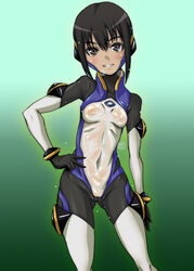 1girls ally_connolly black_hair bob_cut bodysuit dark_skin element_hunters female hirokawa_kouichirou jpg navel see-through short_hair skin_tight solo standing