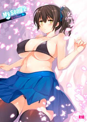 aburidashi_zakuro bikini black_bikini black_legwear breasts brown_hair cover doujin_cover erect_nipples female from_below kaga_(kantai_collection) kantai_collection large_breasts miniskirt navel petals side_ponytail skirt solo standing string_bikini thighhighs upskirt yellow_eyes