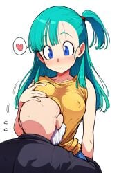 1boy1girl age_difference ai_generated bare_arms bare_breasts bare_shoulders blue_eyes blue_hair blush breast_press breast_smother breast_smothering breast_squeeze bulma_briefs clothed dragon_ball dragon_ball_z embarrassed flustered grabbing grabbing_breasts grabbing_own_breast hair_ornament head_between_breasts head_on_breasts long_hair looking_at_another master_roshi medium_breasts motorboating muten_roushi nipples old_man older_male original original_character ponytail side_ponytail standing white_background yeyehuh