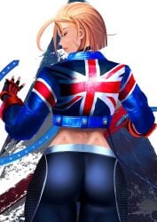 1girls 2023 ass blonde_hair cammy_white cammy_white_(street_fighter_6) capcom choker closed_eyes clothing female female_only jacket kittymiya leggings rear_view scar scar_on_cheek solo street_fighter street_fighter_6 union_jack