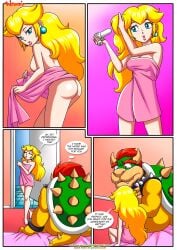 1boy 1girls ass bath_towel bbmbbf bowser breasts comic female male mario_(series) nintendo nipples nude palcomix princess_peach the_mushroom_kingdom_secret_(comic) towel