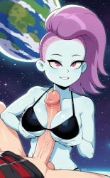 1boy 1girls ai_generated ash_graven big_breasts bike_shorts bikini boobsjob breasts final_space male/female paizuri penis_in_breasts pixai space tagme