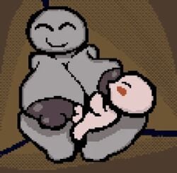 animated blush breast_sucking breastfeeding greed_(the_binding_of_isaac) grey_skin huge_breasts huge_nipples isaac_(the_binding_of_isaac) keeper_(the_binding_of_isaac) male_blushing pixel_animation pixel_art sassy_dolly smiling sucking_breast sucking_breasts sucking_nipples the_binding_of_isaac