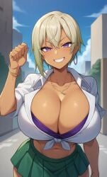 ai_generated athletic_female bare_legs blonde_hair bra_visible_through_clothes dark-skinned_female dark_skin earrings gigantic_breasts gyaru hajimete_no_gal huge_breasts huge_thighs looking_at_viewer massive_breasts milkersenjoyer miniskirt multicolored_hair purple_eyes ranko_honjou short_hair smiling solo_female squatting sweat sweatdrop thick_thighs thighs voluptuous voluptuous_female