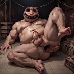 ai_generated anal_gape anus ass balls bara barazoku buckshot_roulette dealer_(buckshot_roulette) fat fat_ass fat_man feet gape gaping gaping_anus gay hand_on_butt humanoid inviting lying_on_ground male_only mantits moobs nightmare_fuel nipples no_eyes on_back one_leg_raised one_leg_up overweight overweight_male pecs penis presenting presenting_hindquarters sharp_teeth spread_anus spreading stable_diffusion