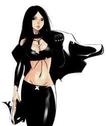 1girls 7zaki black_clothing black_hair claws cleavage clothed female laura_kinney long_hair marvel marvel_comics navel necklace solo white_background x-23 x-men