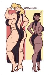 black_dress blonde_hair commission dark_skin drew_&_wright_productions dwproductions01 fat_ass high_heels jamesab muscular_female stephanie_brooks_(jamesab) strong_woman tara_mankai_(jamesab)