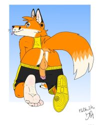 4:5 anthro anus ass balls bartek22 blue_eyes bottomwear bottomwear_down chris_the_fox_(bartek22) clothed clothing ear_piercing ears_up feet foot_fetish footwear fur genitals kneeling looking_at_viewer male one_shoe_on orange_body orange_fur pants pants_down partially_clothed penis piercing shoes solo tail tongue tongue_out white_body white_fur