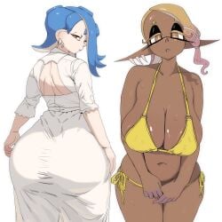 2girls alternate_breast_size ass bikini blue_hair breast_size_difference breasts chocolate_and_vanilla dark-skinned_female dark_skin dat_ass deep_cut_(splatoon) dress female frye_(splatoon) huge_ass huge_breasts inkling light-skinned_female light_skin looking_at_viewer looking_back medium_breasts nintendo octoling shiver_(splatoon) short_hair splatoon splatoon_3 tentacle_hair white_background yellow_hair yuta_agc