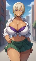 ai_generated athletic_female bare_legs blonde_hair bra_visible_through_clothes dark-skinned_female dark_skin earrings gigantic_breasts gyaru hajimete_no_gal huge_breasts huge_thighs looking_at_viewer massive_breasts milkersenjoyer miniskirt multicolored_hair purple_eyes ranko_honjou short_hair smiling solo_female squatting sweat sweatdrop thick_thighs thighs voluptuous voluptuous_female