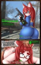 ass ass_ripple big_ass blood blood_on_face blue_eyes cat_ears chloe_(socks) cum_in_pussy dark-skinned_male dialogue dirt dirty_talk doggy_style fallout fallout_4 freckles from_behind from_front_position game_ui glasses gun hair_pull huge_ass instant_loss instant_loss_2koma messy_hair oerba_yun_fang original original_character pale-skinned_female pawg pip-boy prone_bone pubic_hair rape raped_by_enemy red_hair scared_expression sex sex_from_behind sex_slave skin_tight socks_(artist) sound_effects spank_marks spanking tattoo tears text thick_eyebrows uncensored vault_suit