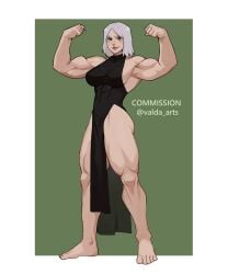 abs black_dress bodybuilder muscular_female muscular_thighs posing scar_across_eye valda_arts white_hair