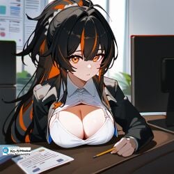 ai_generated cleavage desk female hoyoverse looking_at_viewer minokai office resting_breasts zenless_zone_zero zhu_yuan