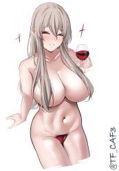 absurdres alcohol blush breasts closed_eyes covered_nipples cup drinking_glass drunk female grey_hair hair_between_eyes highres kantai_collection large_breasts long_hair looking_at_viewer nude one-hour_drawing_challenge open_mouth pola_(kancolle) simple_background sitting smile solo sparkle tf_cafe thick_eyebrows twitter_username wakamezake wavy_hair white_background wine