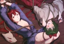 2girls akari_oborodzuka alternate_hair_color alternate_hairstyle arms_up artist_name blood blue_kimono blush bound bound_wrists bow breasts bruise_on_leg bruises cleavage collarbone cuts dark_green_hair drool drooling english_text eyebrows eyebrows_visible_through_hair eyelashes eyelashes_visible_through_hair fox_mask green_eyebrows green_eyelashes green_hair grey_kimono gumi hairbow hakama hakama_skirt hatsune_miku holding holding_object holding_rope holding_scissors injury japanese_clothes kimono kitsune_no_yomeiri_(vocaloid) laying_on_back laying_on_floor long_hair long_sleeves lower_teeth lying mai_shishikusa masa_works_design mask medium_breasts minlover646 multiple_girls mv_character official_alternate_hair_color official_alternate_hairstyle on_back on_floor oni_to_kitsune_no_hanashi open_mouth parted_lips red_bow red_eyebrows red_eyelashes red_eyes red_hair red_hair_bow red_hakama rope saliva sash scissors scratches short_hair skirt teeth text twintails twitter_link twitter_username unworn_mask vocaloid wide_sleeves