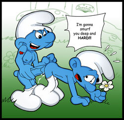 2boys anal erect_nipples erection flower flying_sweatdrops gay gninrom hefty_smurf holding_penis huge_cock imminent_anal imminent_penetration imminent_rape male_only pants_down surprise_buttsex the_smurfs vanity_smurf