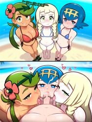 2koma ai_generated beach bikini blue_eyes cum cum_in_mouth english_text flip_flops fluffylewdsai green_eyes hair_ornament hairband heart-shaped_pupils lana_(pokemon) licking licking_penis lillie_(pokemon) mallow_(pokemon) naked novelai open_mouth oral oral_sex pokemon pokemon_sm pokemon_trainer spurt