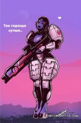 1girls 7zaki alien alien_girl big_breasts blue_skin female female_only fire_warrior gun russian_text solo solo_female tau text warhammer_(franchise) warhammer_40k