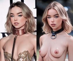 ai_generated ai_reworked blonde_hair blue_eyes breasts celebcartoonizer celebrity collar leash leash_and_collar milly_alcock nude slave_collar