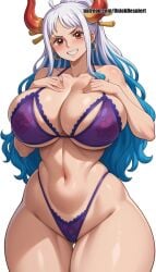 ahoge ai_generated ass_visible_through_thighs bare_shoulders bikini blue_hair blush breasts cleavage collarbone cowboy_shot curled_horns curvy earrings female female_only grin hair_ornament hair_stick hands_on_own_chest highleg highleg_bikini horns huge_breasts jewelry long_hair looking_at_viewer multicolored_hair multicolored_horns navel one_piece oni red_horns simple_background smile solo stomach swimsuit thick_thighs thigh_gap thighs uniobdespiert white_background white_hair wide_hips yamato_(one_piece)