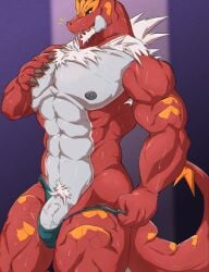 anthro balls bara barazoku bulge dinosaur flaccid garchomp_445 male male_only muscles muscular nintendo penis pokemon scalie solo solo_male sweat sweating thong tyrantrum