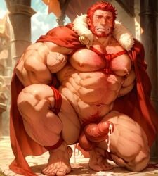 1boy ai_generated bara cock cum fate/grand_order fate_(series) hairy_chest iskandar_(fate) male male_focus male_only muscles red_hair tied_up