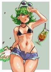 1girls :o aura bikini bikini_under_clothes black_bikini black_choker breasts chain_necklace chains choker cup curly_hair curvy denim denim_shorts drinking_glass earrings eyewear_on_head female flipped_hair floating floating_object green_eyes green_hair highleg highleg_bikini highres holding_glasses holding_sunglasses jewelry looking_at_viewer navel necklace one-punch_man open_mouth psychic ribosoma_42 shiny_skin short_hair short_shorts shorts small_breasts solo sunglasses sunglasses_on_head sunglasses_removed swimsuit tatsumaki telekinesis thick_thighs thigh_gap thighs thong thong_bikini thong_straps whale_tail_(clothing) wide_hips