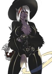 1girls 7zaki big_breasts cleavage clothed dark-skinned_female dark_elf drow dungeons_and_dragons elf elf_ears female hat lipstick long_hair magic original_character pointy_ears purple_skin red_eyes solo solo_female tight_clothing white_background white_hair