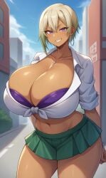 ai_generated athletic_female bare_legs blonde_hair bra_visible_through_clothes dark-skinned_female dark_skin earrings gigantic_breasts gyaru hajimete_no_gal huge_breasts huge_thighs looking_at_viewer massive_breasts milkersenjoyer miniskirt multicolored_hair purple_eyes ranko_honjou short_hair smiling solo_female squatting sweat sweatdrop thick_thighs thighs voluptuous voluptuous_female