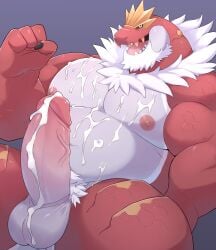 after_orgasm anthro balls bara barazoku big_penis boner cum cum_on_body dinosaur erection male male_only muscles muscular nintendo nude o-ro penis pokemon scalie solo solo_male tyrantrum