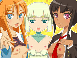 ally_connolly blue_eyes breasts breasts_out chiara_ferina dark_hair element_hunters female forehead_jewel juno_(element_hunters) nipples orange_hair purple_eyes tagme