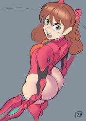 ass asuka_langley_sohryu female gloves lance leggings legwear leotard looking_at_viewer looking_back neopn_genesis_evangelion partially_clothed plugsuit thong_leotard weapon zestysauce