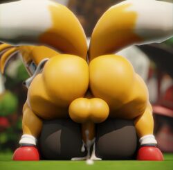 2_tails 2boys 3d anal anal_sex anthro anthro_on_anthro ass ass_focus backsack balls ballsack black_fur blurry_background canine cum cum_dripping_from_ass cum_in_ass doommusk fox furry gay lire_(doommusk) looking_back_at_viewer male mating_press orange_fur red_shoes socks sonic_(series) tails_the_fox thick_thighs