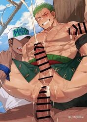 3boys abs balls bara big_penis blush boat cap censor_bar censored censored_penis censored_testicles climax cum cum_bubble cum_drip cum_in_ass cum_inside cum_on_body cum_on_breasts cum_on_face cum_on_lower_body cum_on_penis cum_on_self cum_on_upper_body cum_string cumshot duo_focus gay gondom haramaki hi_res large_chest male male/male male_only male_penetrated male_penetrating male_penetrating_male marine_(one_piece) muscles muscular muscular_arms muscular_ass muscular_legs muscular_male muscular_thighs nakadashi one_piece pecs raw_sex roronoa_zoro scar scar_on_chest scar_on_face semen sex simultaneous_orgasms spread_legs sweat sweatdrop sweating sweaty thick_penis thick_thighs tongue tongue_out top-down_bottom-up vein veiny_penis