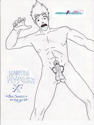 1boy abs erection line_art looking_down male_only martin_mystery martin_mystery_(character) mouth_open naked nipples nude penis pubic_hair short_hair traditional_media_(artwork)