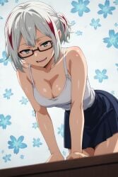 ai_generated big_breasts breasts fuyumi_todoroki glasses green_eyes looking_at_viewer multicolored_hair my_hero_academia navel skirt sleeveless smile solo solo_female solo_focus sweet_studio tank_top white_hair