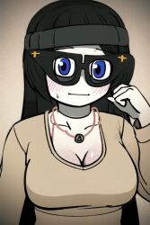 beanie big_breasts cleavage glasses hand_on_head shirt_on soyjak soytan