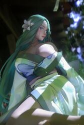 1girls alternate_costume bare_shoulders breasts dark_background female female_only fire_emblem fire_emblem:_three_houses flower flower_in_hair green_eyes green_hair irisl japanese_clothes japanese_clothing large_breasts long_hair looking_at_viewer nintendo rhea_(fire_emblem) solo tagme