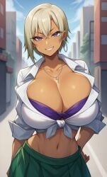 ai_generated athletic_female bare_legs blonde_hair bra_visible_through_clothes dark-skinned_female dark_skin earrings gigantic_breasts gyaru hajimete_no_gal huge_breasts huge_thighs looking_at_viewer massive_breasts milkersenjoyer miniskirt multicolored_hair purple_eyes ranko_honjou short_hair smiling solo_female squatting sweat sweatdrop thick_thighs thighs voluptuous voluptuous_female