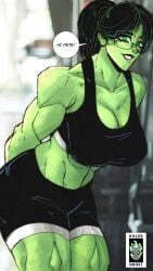 1girls glasses huge_ass huge_breasts huge_thighs hulk_(series) jennifer_walters killerghost marvel marvel_comics muscular muscular_female offscreen_character she-hulk sports_bra sportswear straight taller_girl