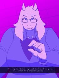 anthro boss_monster_(undertale) clothed clothing condescending dracozhilla eyewear female glasses hi_res humanoid humiliation looking_at_viewer penis_humiliation pinched_fingers selfie size_queen small_penis_gesture small_penis_humiliation solo text toriel undertale_(series)